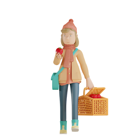 Fille tenant un panier de pommes et d'épicerie  3D Icon