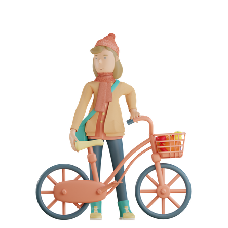 Fille tenant un vélo  3D Illustration