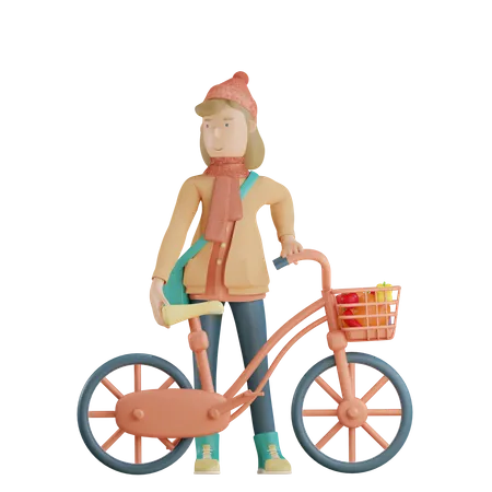 Fille tenant un vélo  3D Illustration