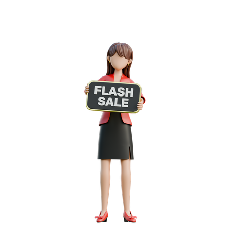 Fille tenant une bannière de vente flash  3D Illustration