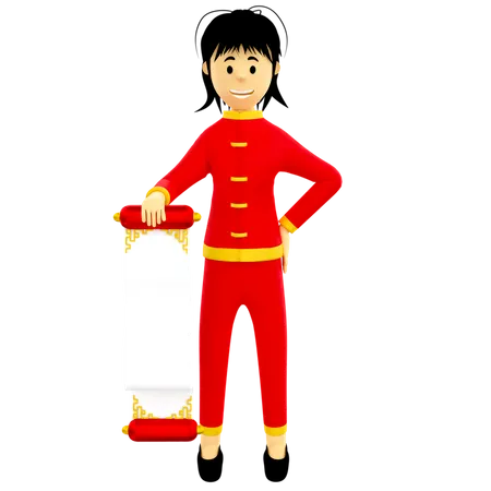 Fille tenant une lettre de défilement chinois  3D Illustration