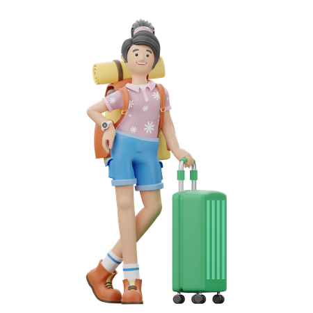 La fille tient une valise  3D Illustration