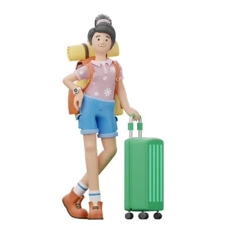 La fille tient une valise  3D Illustration