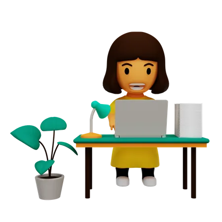 Fille travaillant au bureau  3D Illustration