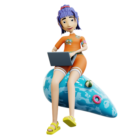 Fille travaillant en vacances  3D Illustration