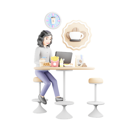 La fille travaille au café  3D Illustration