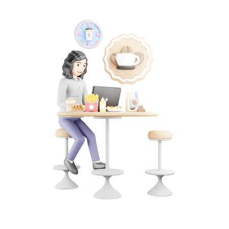 La fille travaille au café  3D Illustration