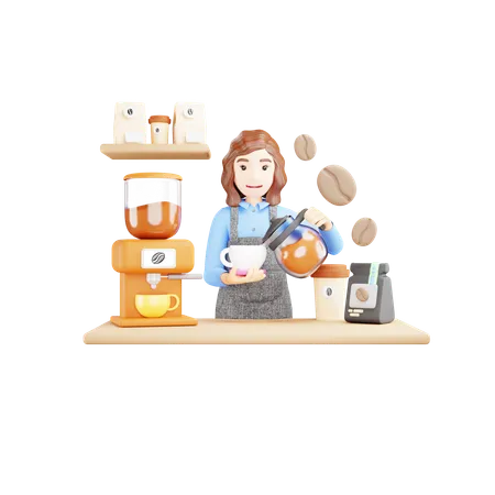 La fille verse du café dans la tasse  3D Illustration