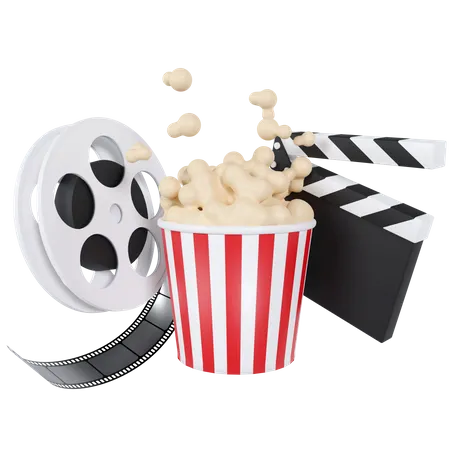 Filmklappe mit Filmrolle und Popcorn  3D Illustration