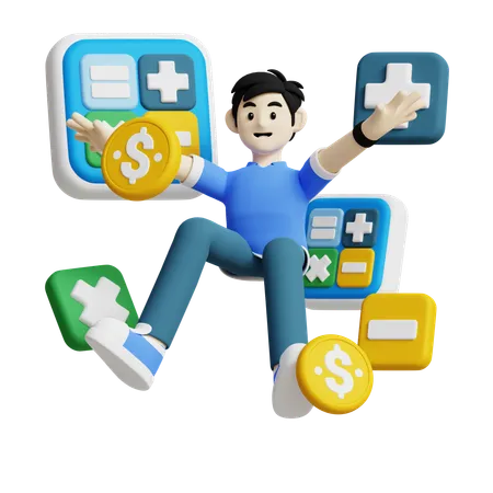This 3 D Icon Features A Person Surrounded By Calculators And Dollar Coins Ideal For Representing Financial Calculations Data Analysis And Economic Planning 3D Icon