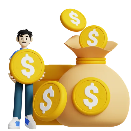 His 3 D Icon Illustrates A Person Holding A Large Dollar Coin Next To A Money Bag Overflowing With Dollar Coins Symbolizing Financial Growth Savings And Investment Opportunities 3D Icon