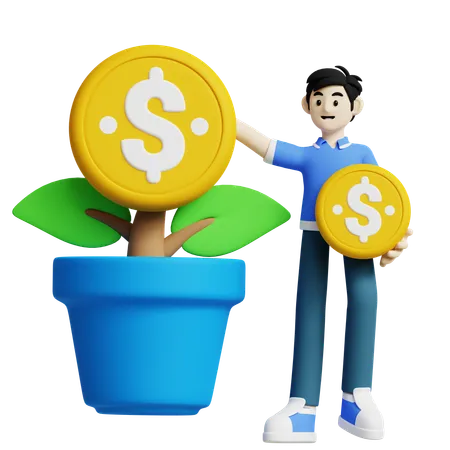 This 3 D Icon Illustrates A Person Holding A Dollar Coin Next To A Growing Money Tree Perfect For Symbolizing Financial Growth Investment And Business Success 3D Icon