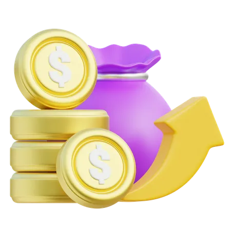3 D Money Bag And Golden Coins With Dollar Signs Complemented By An Upward Arrow Symbolizing The Concept Of Financial Growth Increased Profits And Successful Investment Returns 3D Icon