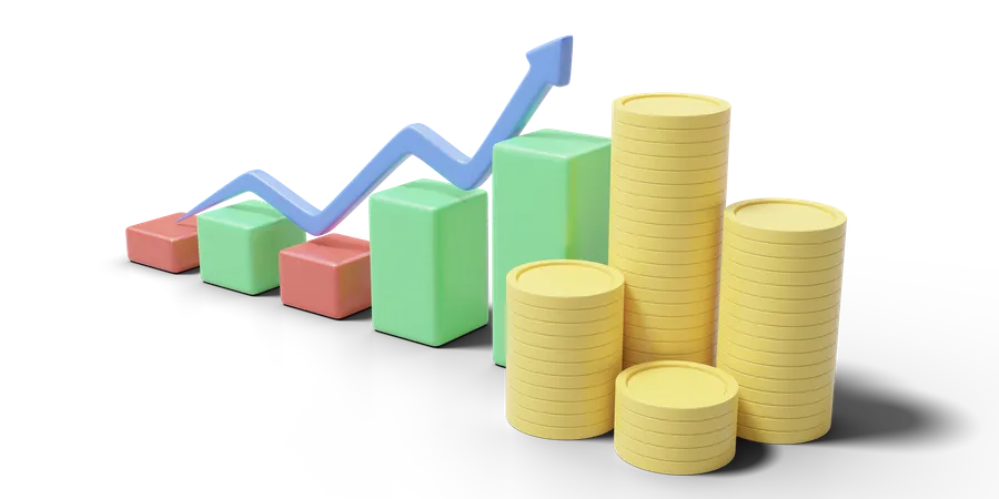 Business Graph Growth With Higher Arrow On Transparent Minimal Coin Stacks Financial Investment Trade Saving Money Concept Dashboard Finance Report Bank Deposit In Mobile Banking 3 D Render 3D Icon