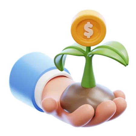 3 D Render Of Human Hand Holding Plant With Gold Dollar Coin Investment Concept 3D Icon