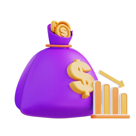 3 D Illustration Of Money Bag And Declining Financial Graph 3D Icon