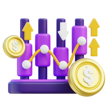 3 D Financial Market Trends With Bar Graphs And A Fluctuating Line Graph Accented By Arrows And Gold Coins With Dollar Signs Illustrating The Dynamic Movements In Investments And Market Values 3D Icon