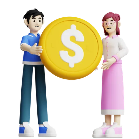 This 3 D Icon Features Two People Holding A Large Dollar Coin Together Symbolizing Financial Partnership And Collaboration 3D Icon