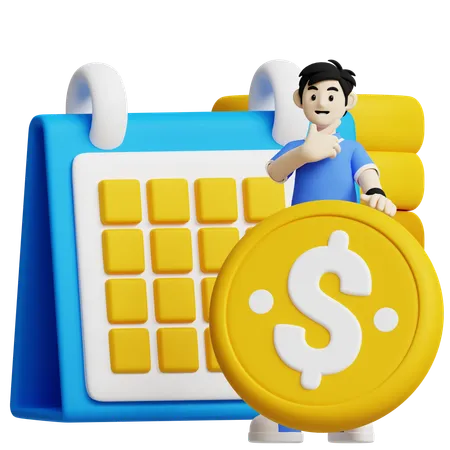 This 3 D Icon Features A Person Holding A Dollar Coin Next To A Calendar Ideal For Representing Financial Planning Investment Schedules And Economic Timelines 3D Icon