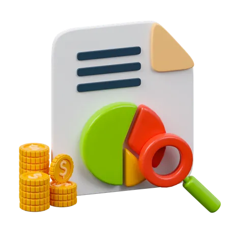 White Paper Document With Pie Chart Stack Of Coin And Magnifying Glass 3D Icon