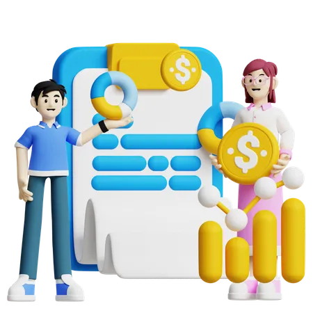 This 3 D Icon Showcases Two People Presenting A Financial Report With Dollar Coins And Graphs Perfect For Illustrating Business Analysis Report Presentations And Financial Documentation 3D Icon