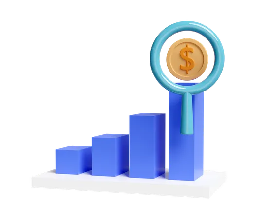 3 D Charts Graph With Magnifying Glass Coin Analysis Business Financial Data Online Marketing Isolated Business Strategy Minimal Concept 3 D Render Illustration 3D Icon