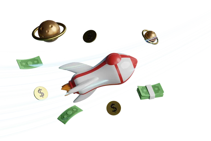 Rocket With Banknote Stack Coin Dollar Money Stars Currency Values Soar Like Rockets In The Sky 3 D Render Illustration 3D Icon
