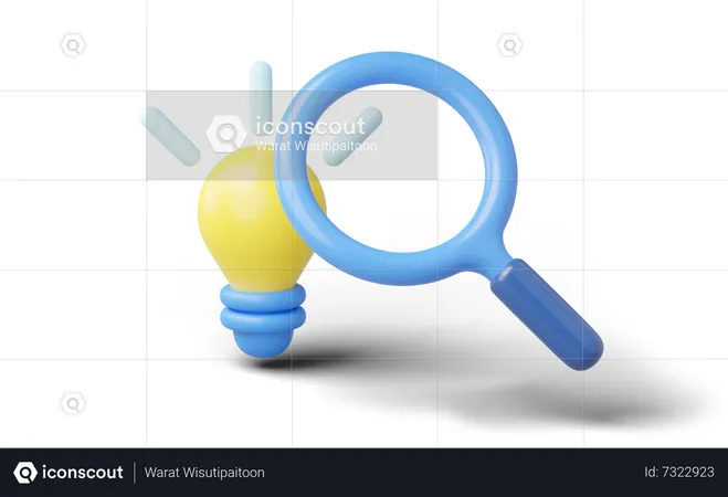 3 D Find Creative Idea Icon Yellow Light Bulb With Bright Halo Magnifying Glass Isolated On Transparent Business Solution Strategic Thinking New Innovation Concept Cartoon Icon Minimal 3 D Rendering 3D Icon