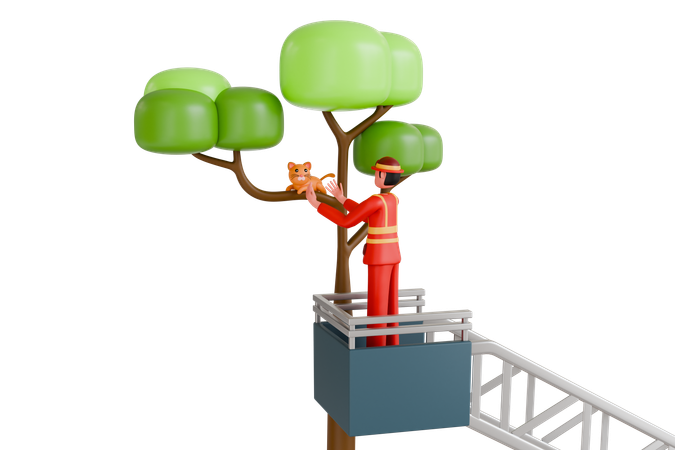 Fire Fighter Rescuing Cat Stuck On Tree  3D Illustration