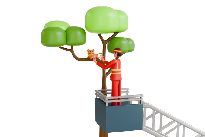 3 D Illustration Of Fire Fighter Rescuing Cat Stuck On Tree 3D Illustration