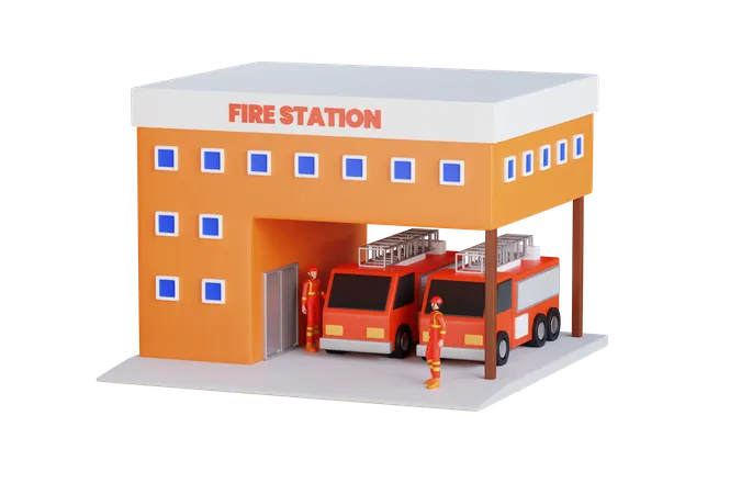 Fire Station Building 3 D Illustration Fire Station Building Exterior With Fire Engine Trucks Emergency Fire Truck 3 D Illustration 3D Icon