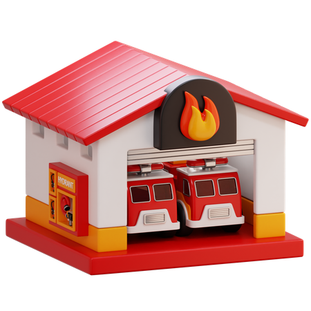Fire Station With Two Fire Trucks  3D Icon