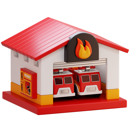 Fire Station With Two Fire Trucks  3D Icon