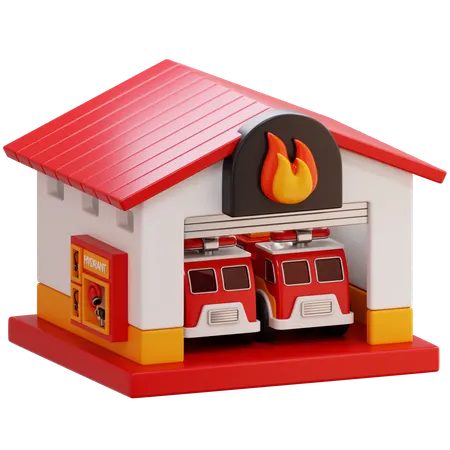 Fire Station With Two Fire Trucks  3D Icon