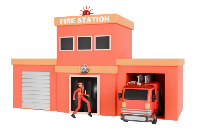 3 D Illustration Of Fire Workers On Fire Emergency Alert Fire Department Building 3 D Illustration 3D Illustration