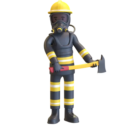 Firefighter full gear protection holding axe  3D Illustration