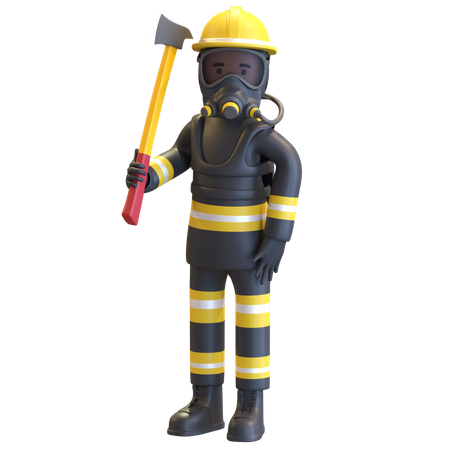 Firefighter full gear protection holding axe  3D Illustration