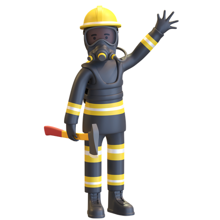 Firefighter full gear protection holding axe  3D Illustration