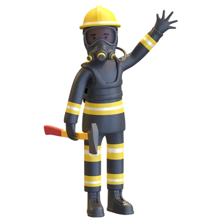 Firefighter full gear protection holding axe  3D Illustration