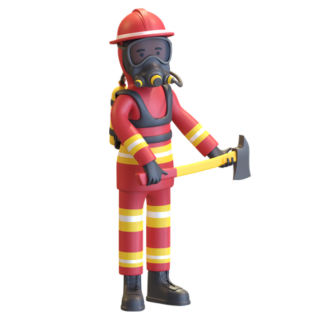 Firefighter full gear protection holding axe 3D Illustration