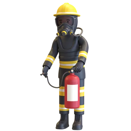 Firefighter full gear protection holding fire extinguisher  3D Illustration