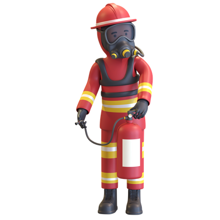 Firefighter full gear protection holding fire extinguisher 3D Illustration