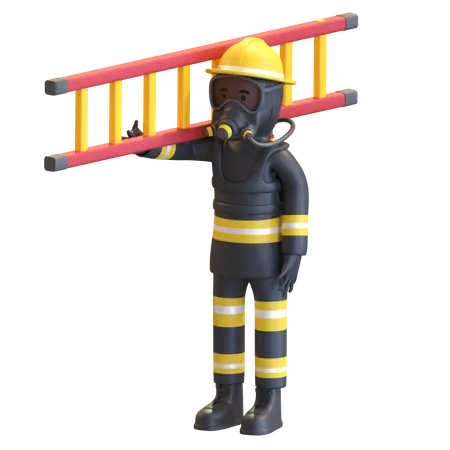 Firefighter full gear protection holding ladder  3D Illustration