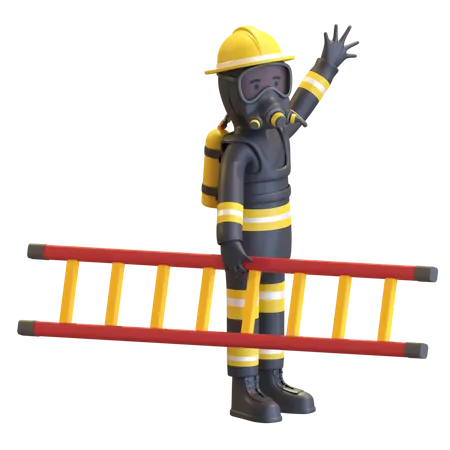 Firefighter full gear protection holding ladder  3D Illustration