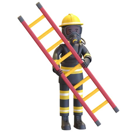 Firefighter full gear protection holding ladder  3D Illustration