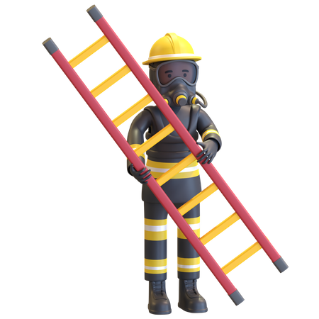 Firefighter full gear protection holding ladder 3D Illustration