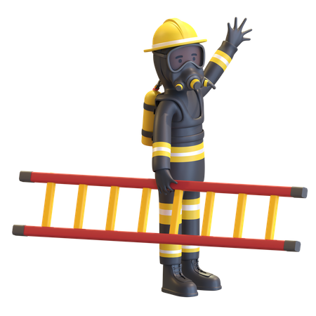 Firefighter full gear protection holding ladder 3D Illustration