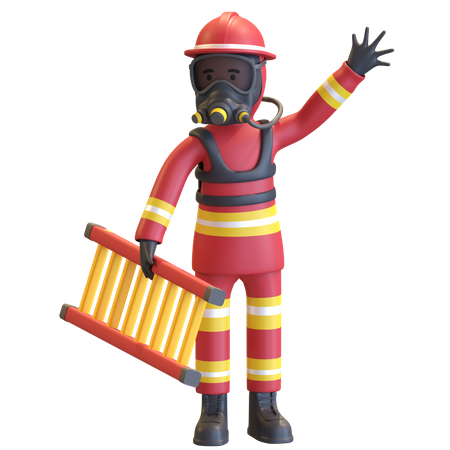 Firefighter full gear protection holding ladder staircase  3D Illustration