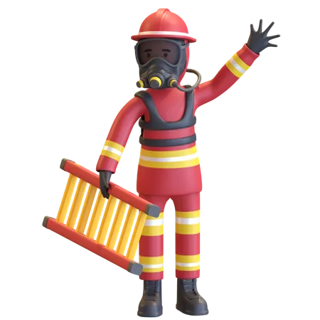 Firefighter full gear protection holding ladder staircase  3D Illustration