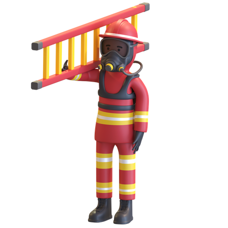 Firefighter full gear protection holding ladder staircase  3D Illustration